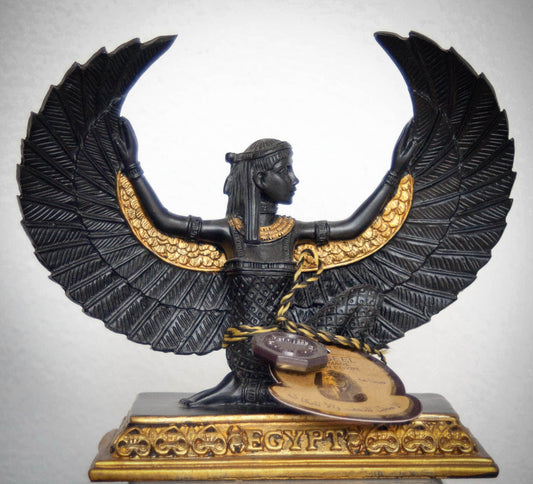 isis-statue-kneeling-with-wings-13-cm-tall-black-gold-colour-small-hand-made-in-egypt
